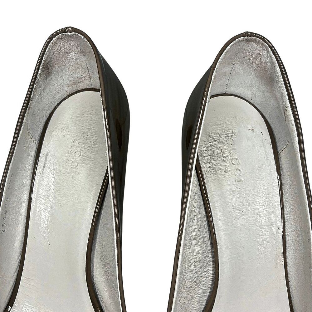 Gucci Acquarel Patent Leather Pumps Gravel Peep Toe Heels GG Logo EU 39.5 - Picture 5 of 12